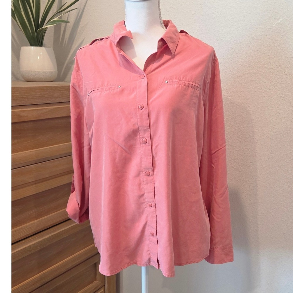 Chico's Utility Button Down Shirt Roll Tab Safari Rose Pink Modal Top Size 2